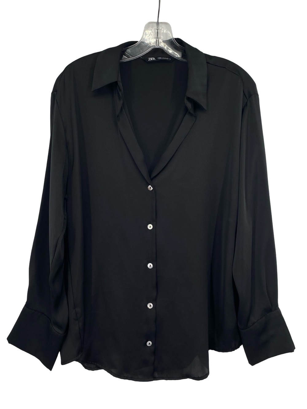 Zara Black Satin Button Down V Neck Blouse Size Medium